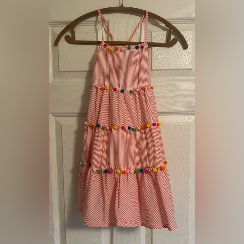 Tommy Bahama Pink Striped Girls Sundress with Multicolor Pom Trim
